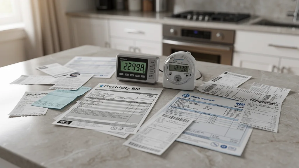 Desk with notes and a calculator for utility budgeting