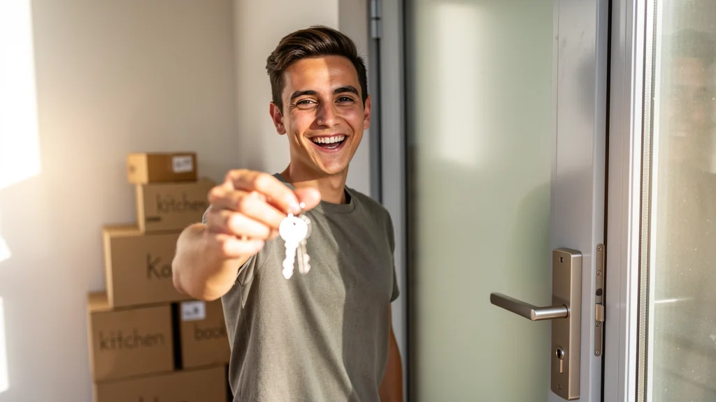 Young person moving into first apartment with boxes and checklist