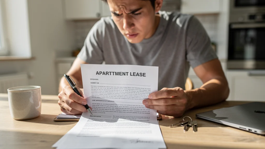 Person carefully reading a lease agreement document at a desk