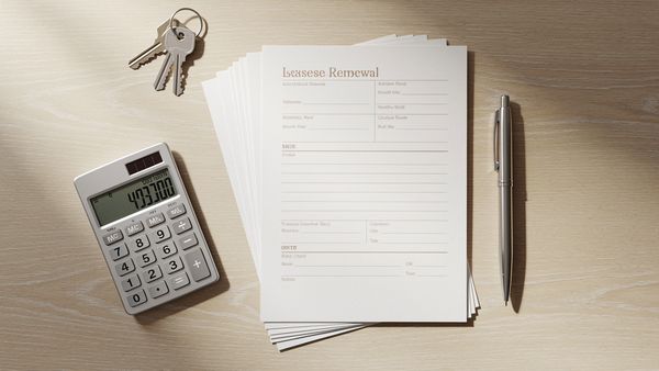 Lease renewal paperwork with calculator, pen, and keys on a clean desk