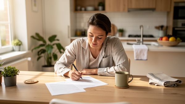 Renter reviewing lease renewal documents at kitchen table in a modern apartment