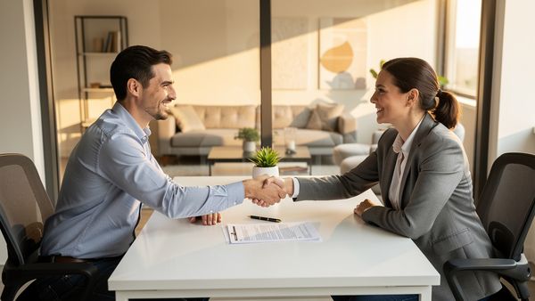 Renter and landlord shaking hands after successful lease renewal negotiation