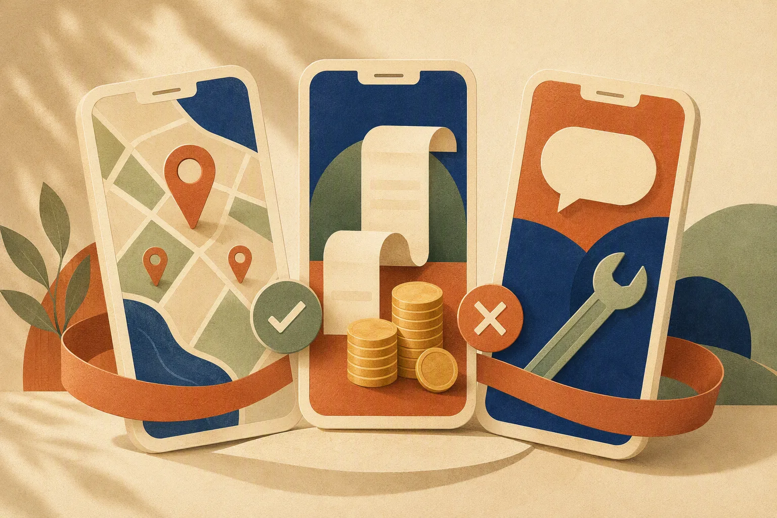 Three smartphone cards showing map-and-pins, coins-and-receipt, and wrench-and-speech-bubble screens connected by a ribbon with check and cross medallions