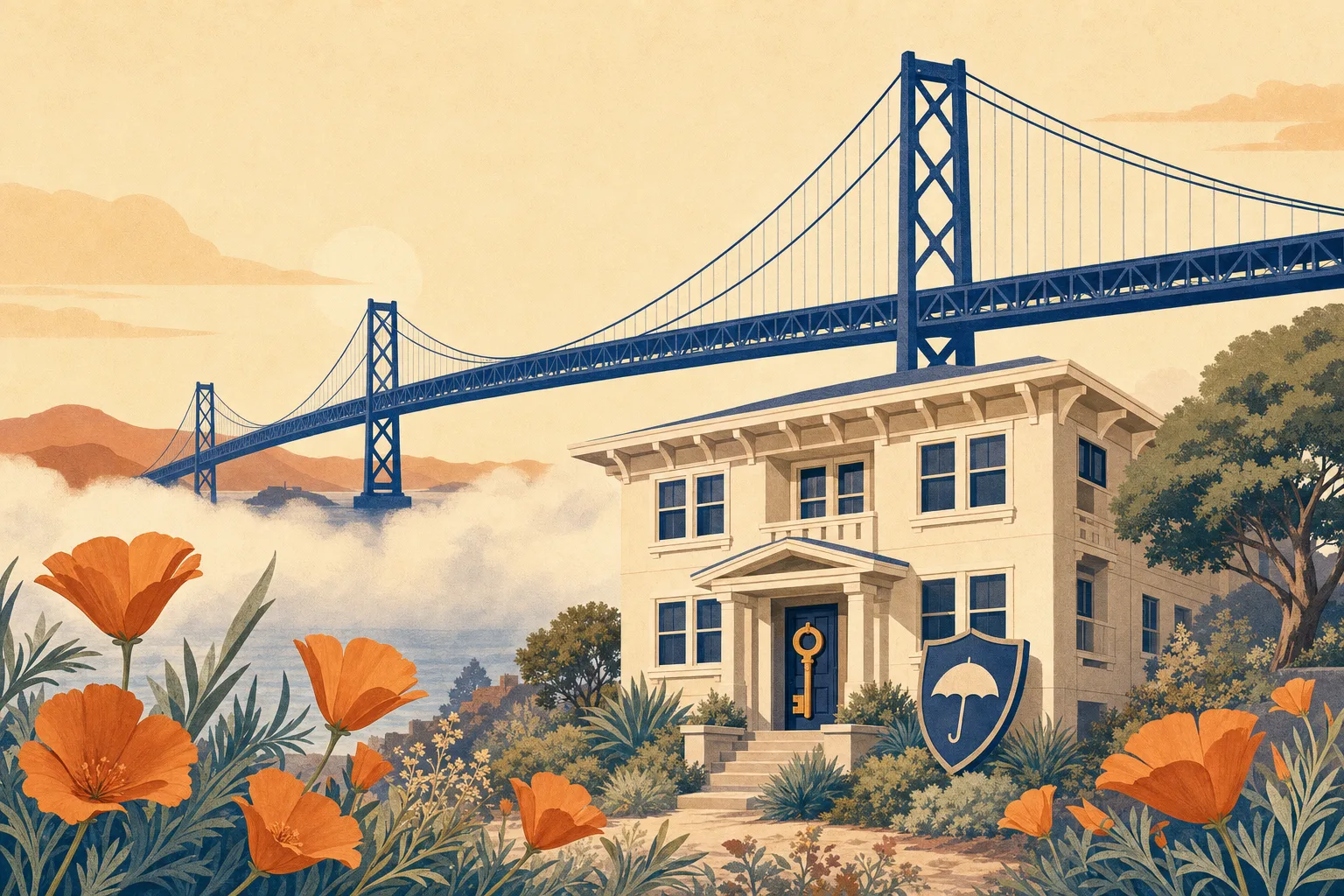 Indigo suspension bridge above a cream craftsman apartment building with a golden key and umbrella shield, orange poppies in the foreground