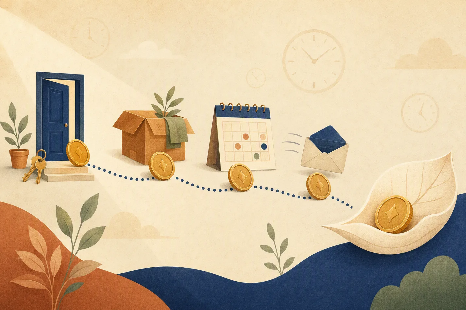 Golden coin traveling a dotted timeline from a move-out door through a calendar and envelope to a returned coin in an open palm