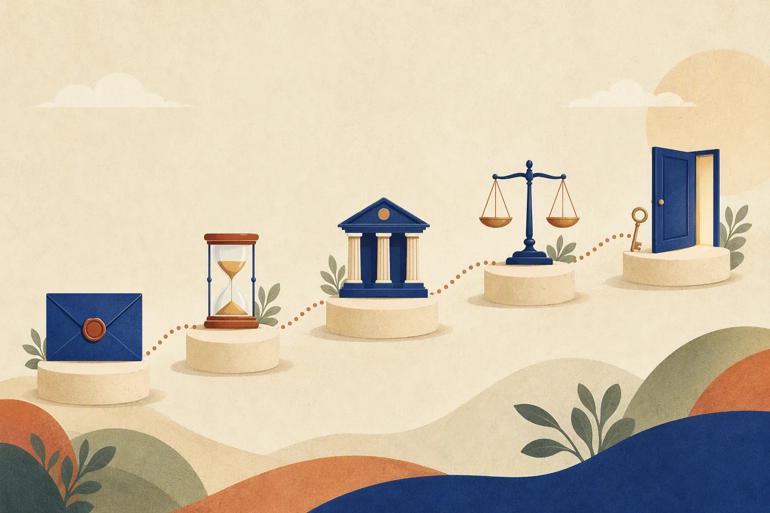 Winding dotted path connecting five vignettes of the eviction process: sealed envelope, hourglass, courthouse, scales of justice, and key with open door