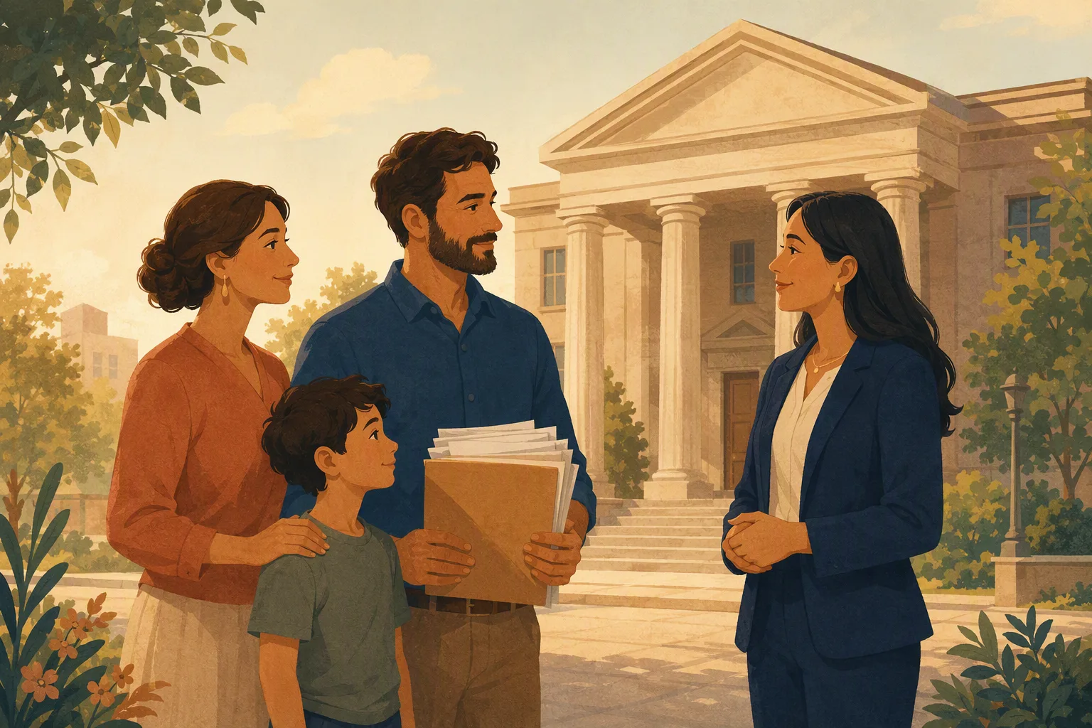 Family with documents standing respectfully before a courthouse