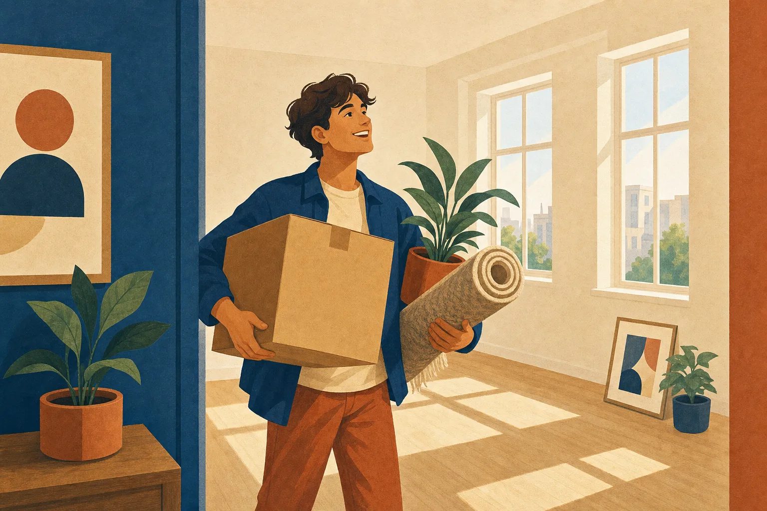 Excited first-time renter carrying a box into a sunlit empty apartment