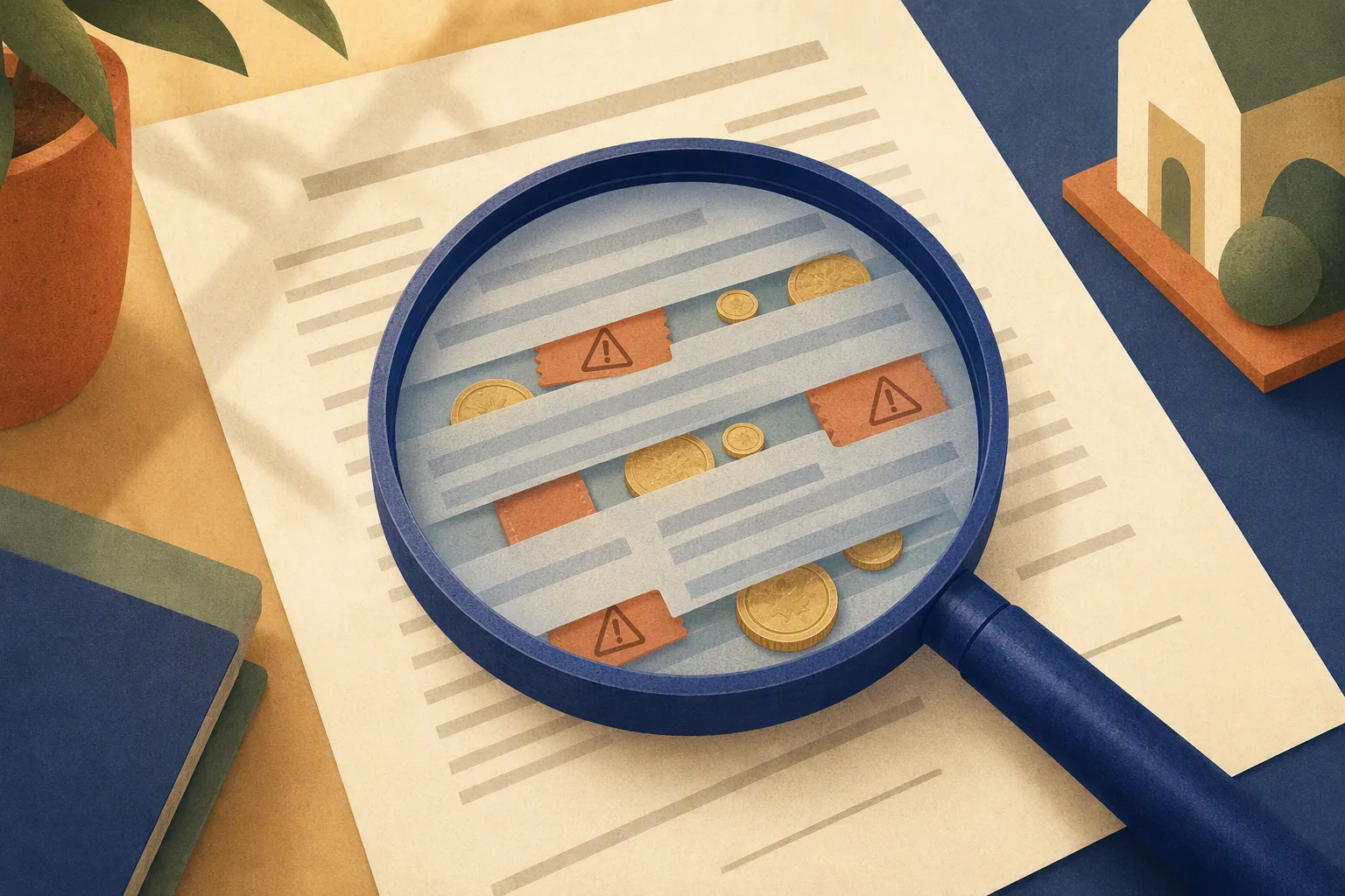 Lease document under a magnifying lens turning translucent to reveal hidden coins and warning tags between the text lines