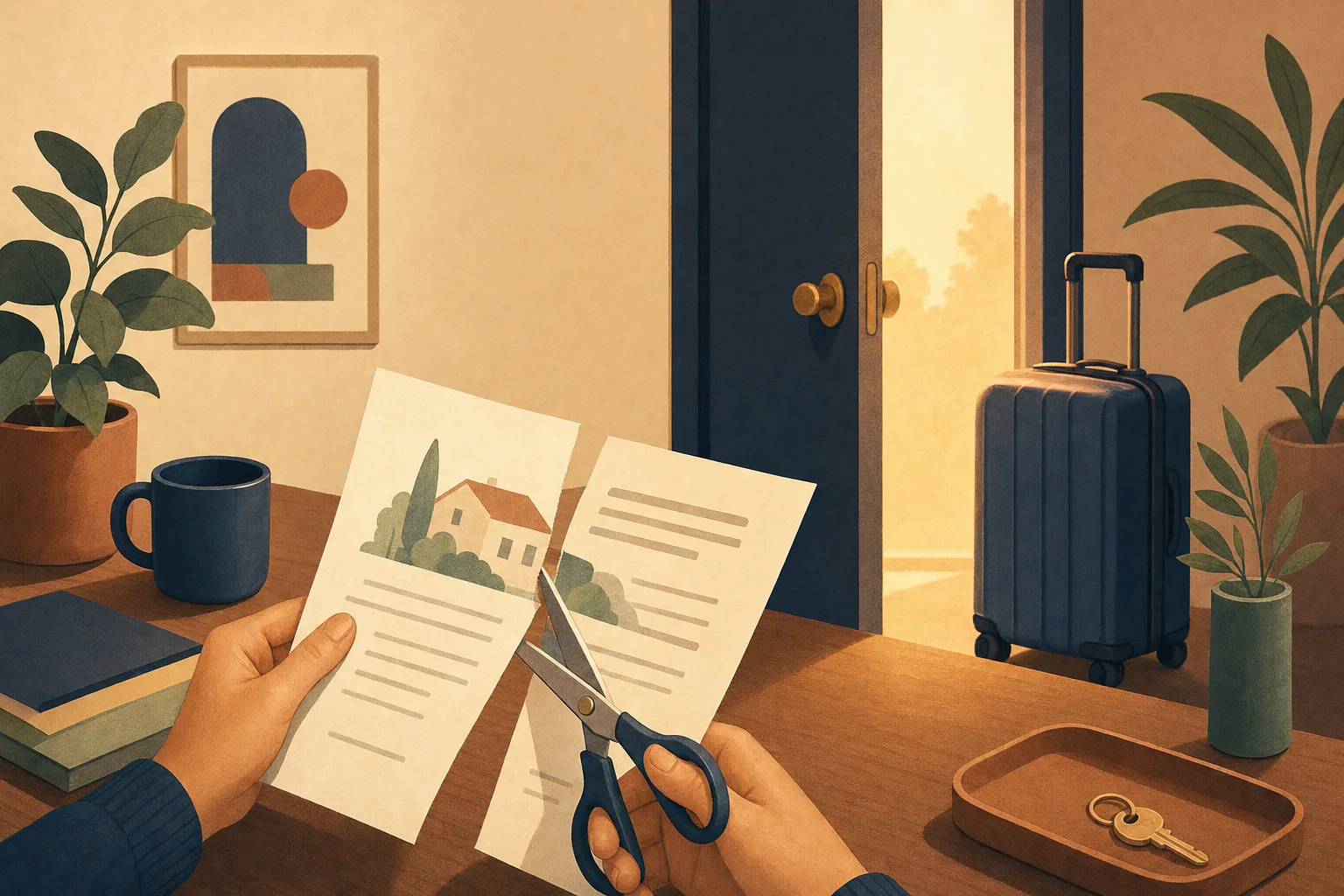 Scissors carefully cutting a paper lease on a desk, door glowing behind