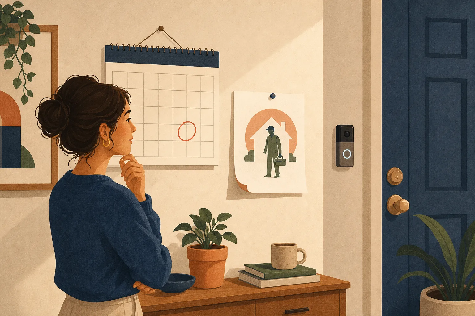 Wall calendar with circled date beside a notice and front door