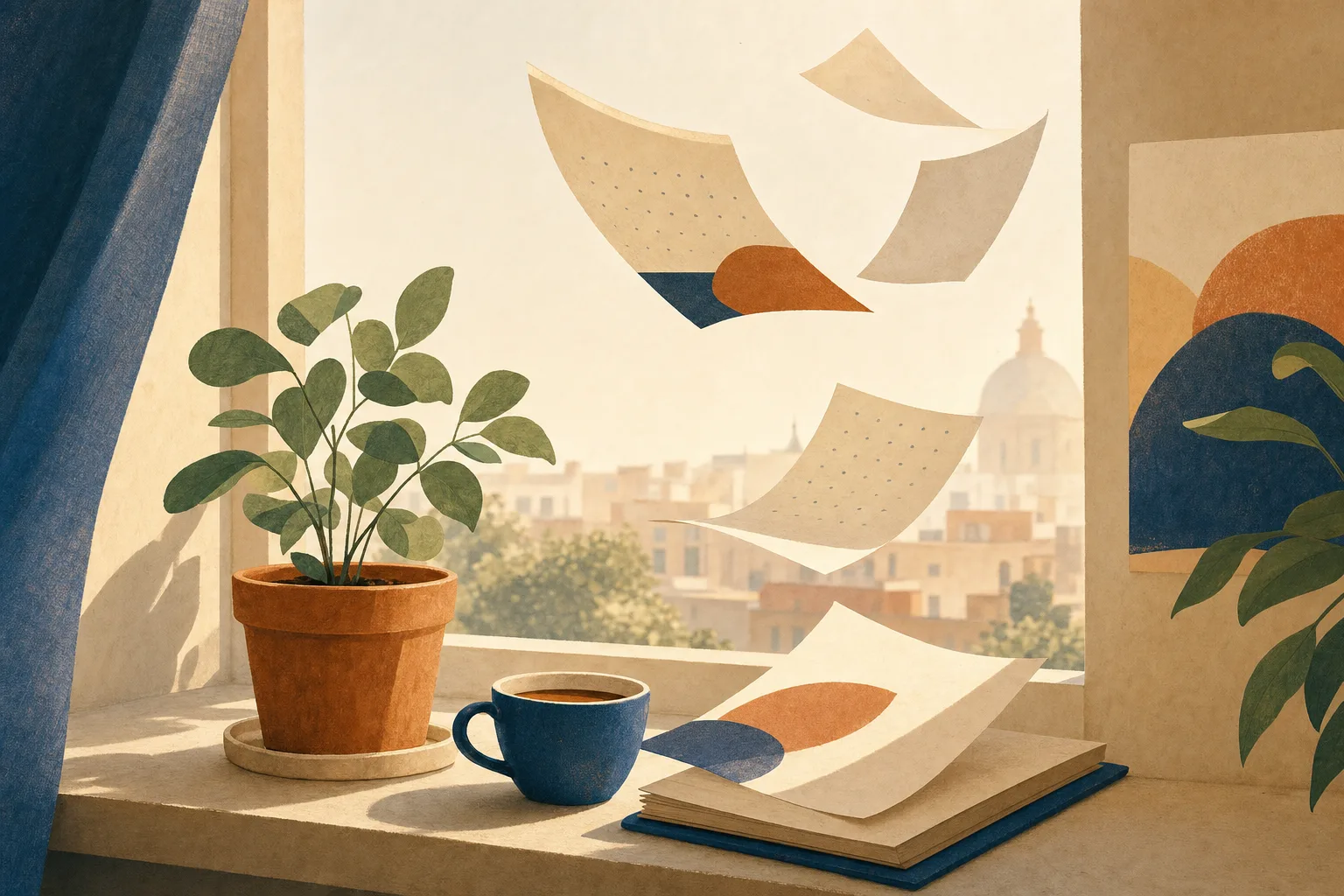 Loose calendar pages drifting by a windowsill with coffee and plant