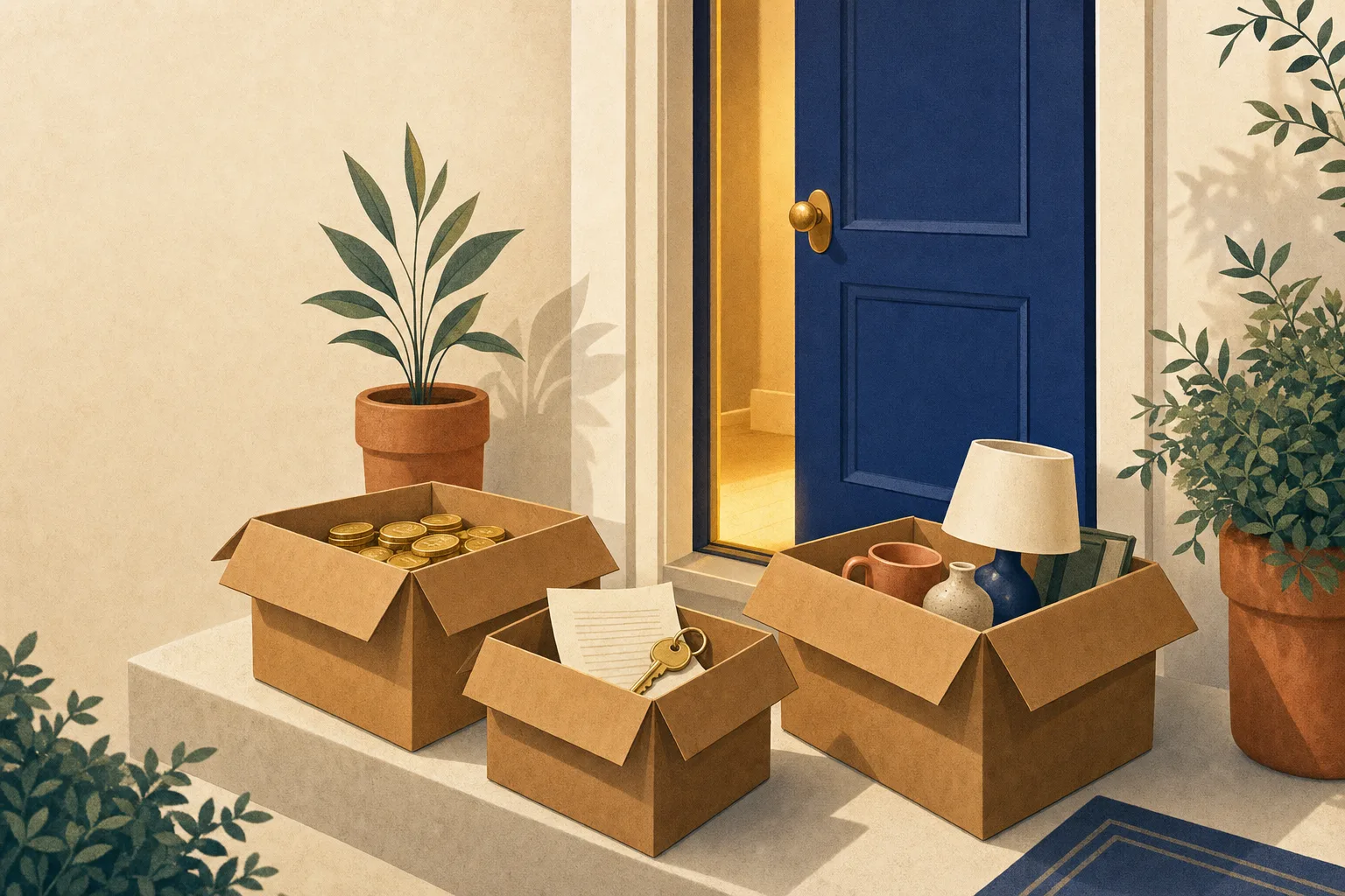 Three moving boxes on a doorstep holding coins, a key with lease papers, and household essentials, with an apartment door ajar behind