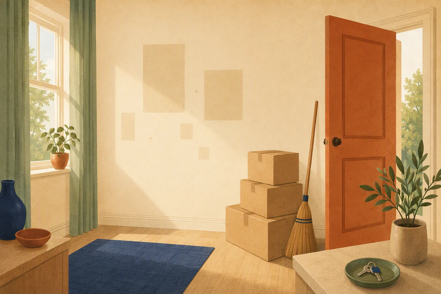 Warm editorial illustration of an emptied apartment ready for move-out inspection: stacked boxes by an open door, broom, keys on a small dish