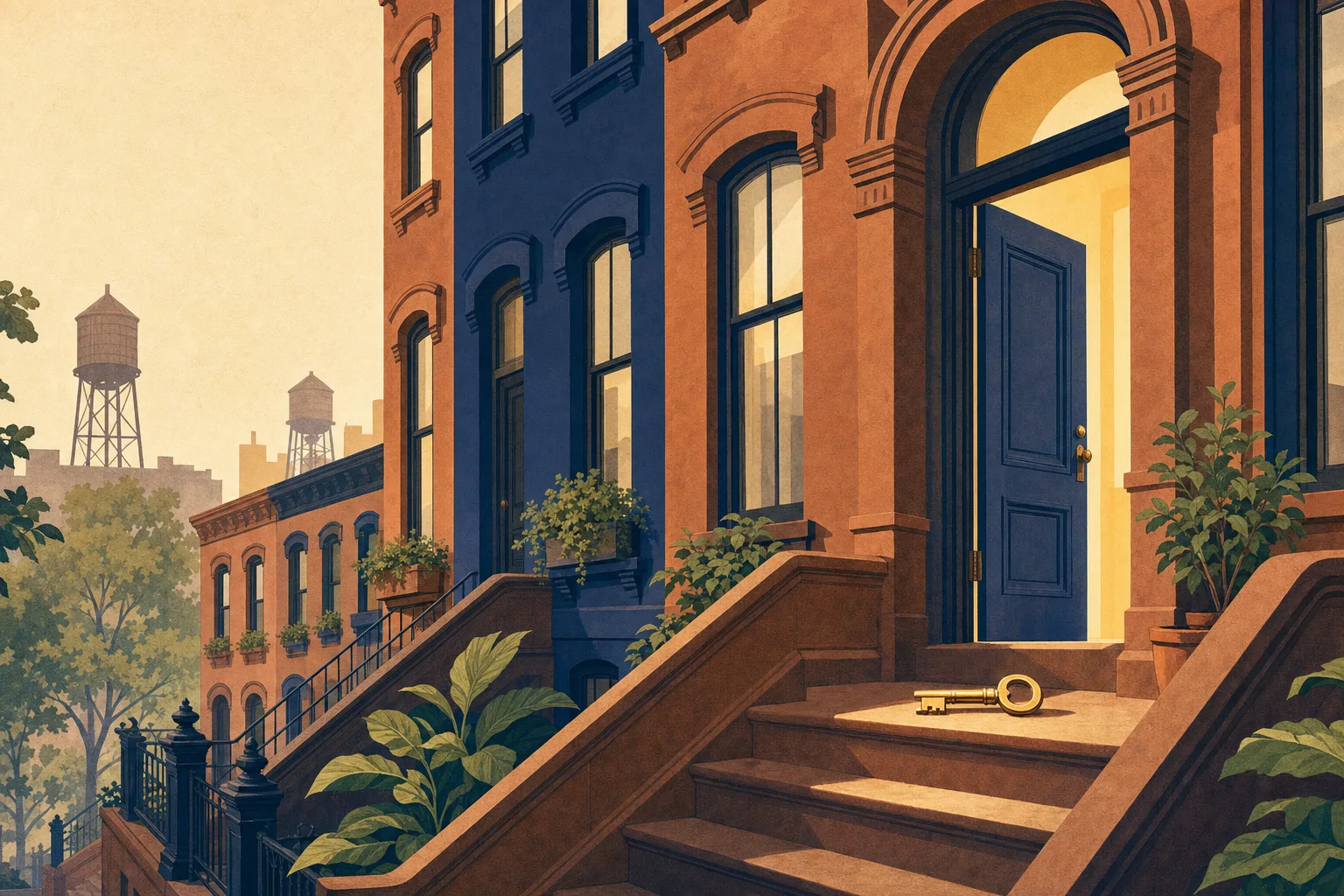 Terracotta and indigo brownstone rowhouses with stoops, one door open with golden light and a large key on the top step