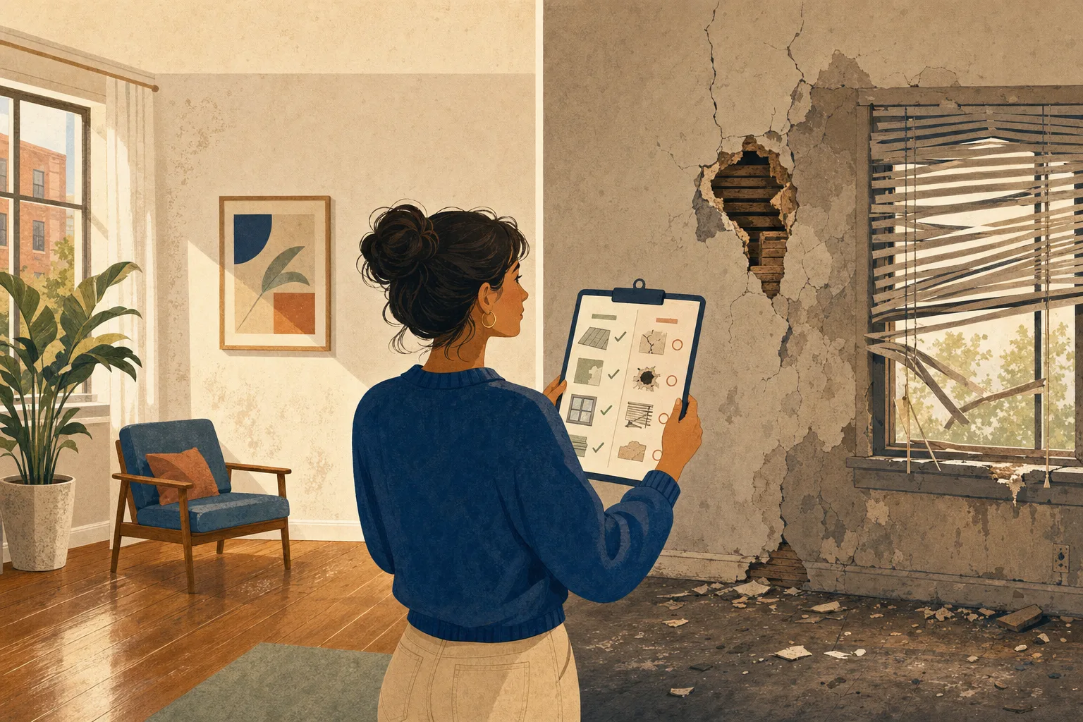 Side-by-side of normal wear versus real damage in an apartment