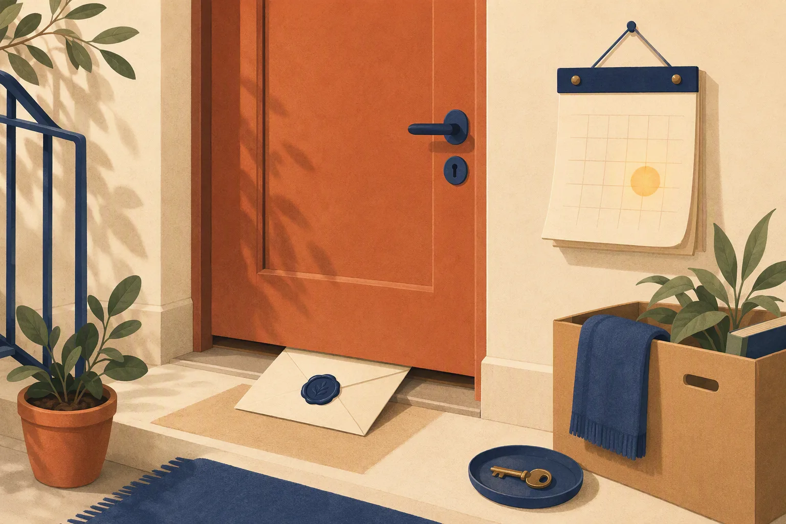 Cream envelope with indigo wax seal under a terracotta apartment door, calendar with a glowing date circle, moving box and key nearby