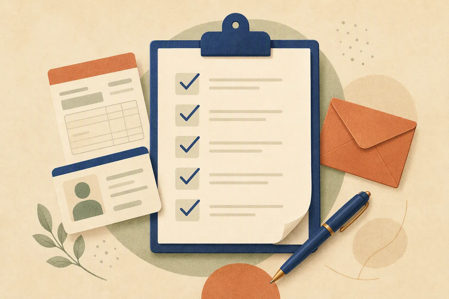 Cream clipboard with indigo checkmarks on document rows surrounded by pay stub, ID card, envelope, and pen