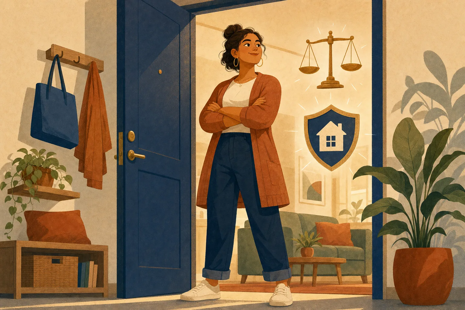 Confident renter with balance scale and house shield in a doorway
