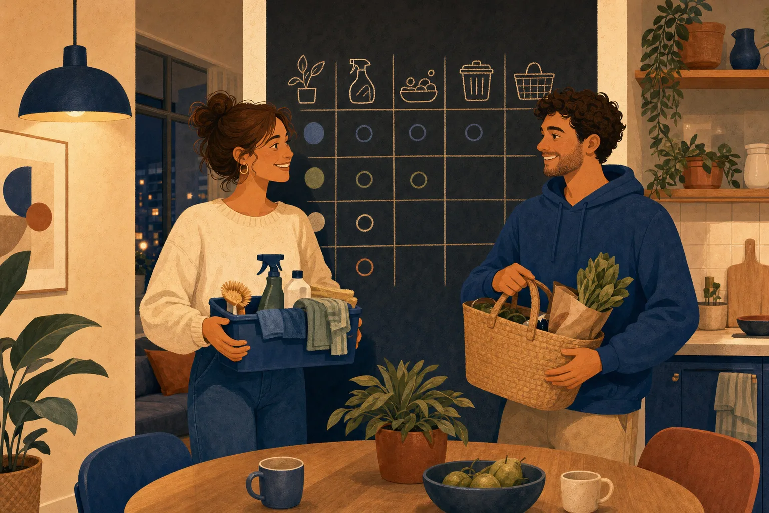 Two roommates dividing chores at a kitchen chalkboard