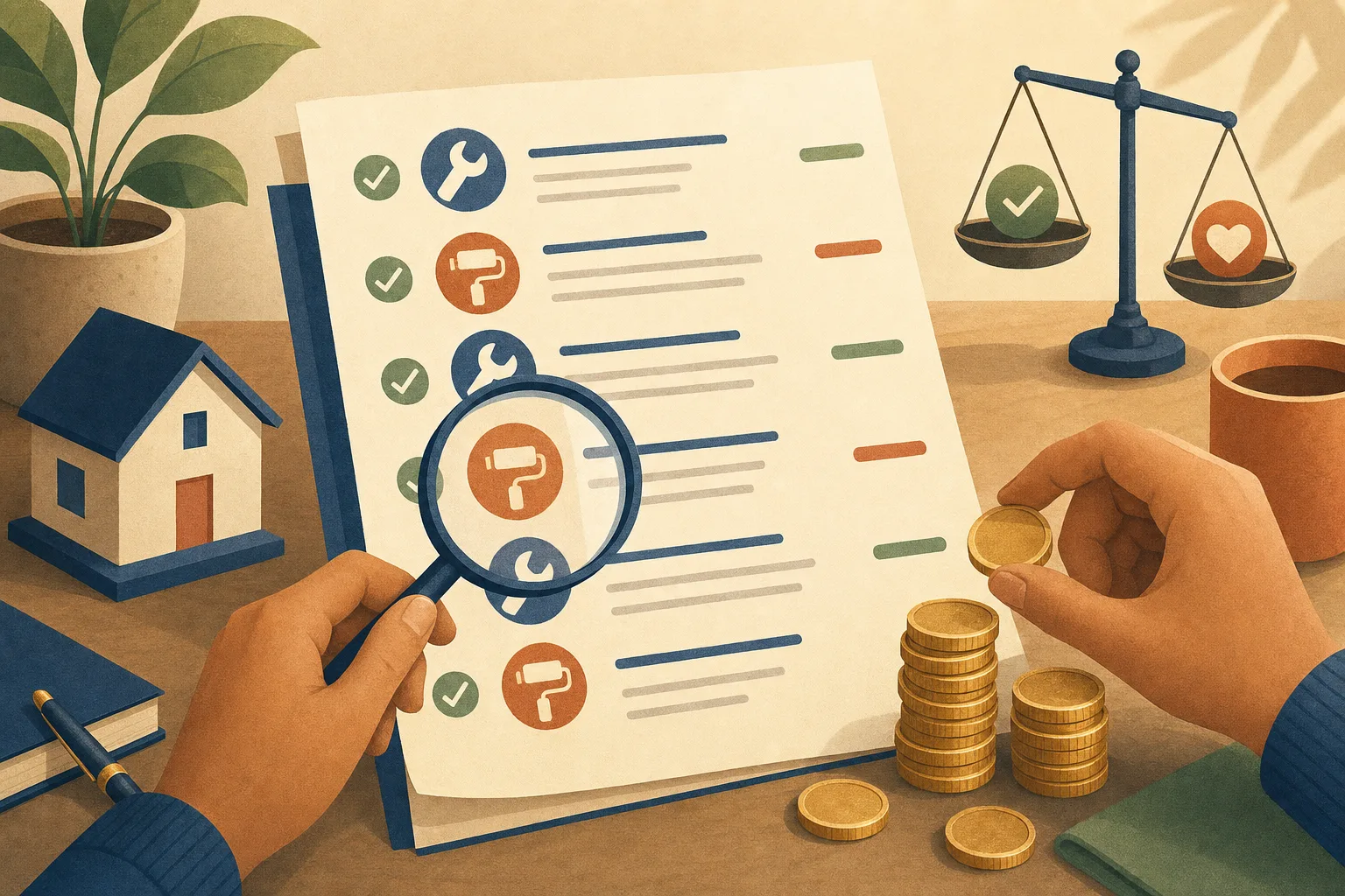 Itemized deduction checklist with coins, magnifying glass, and tools
