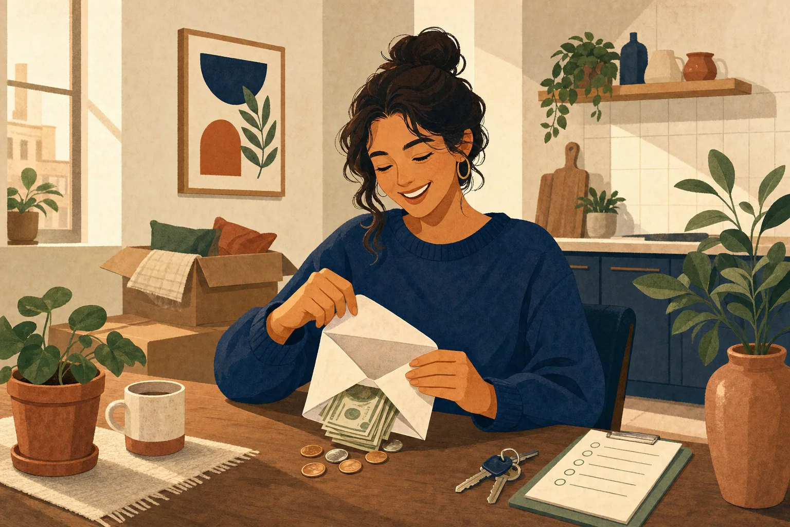 Renter receiving a returned deposit envelope with coins and keys on the table