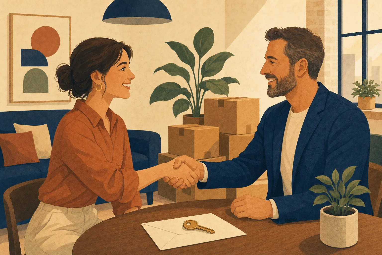 Landlord and renter shaking hands over key and envelope on move-in day