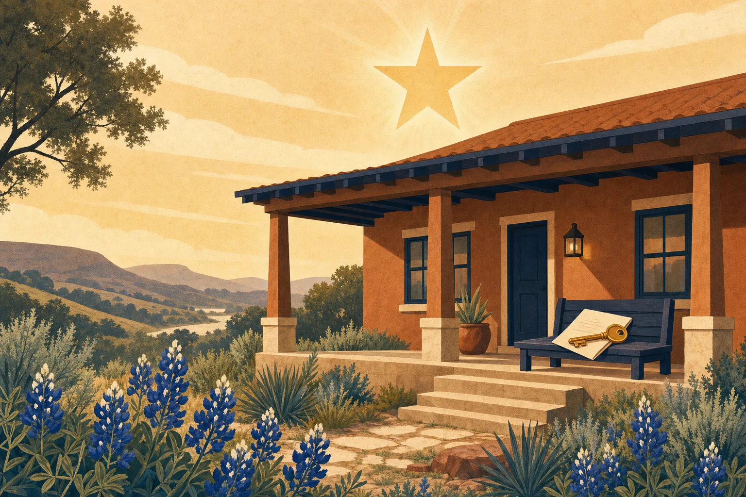 Terracotta ranch house with a wide porch under a lone star glow, bluebonnets and a golden key on the porch bench