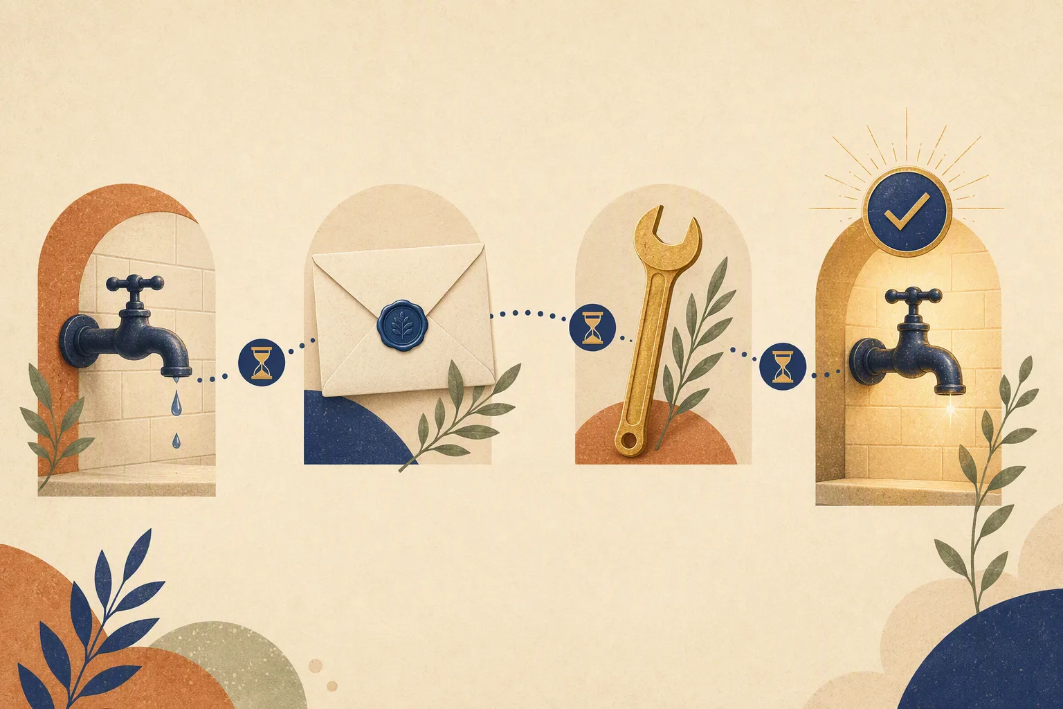 Four vignettes of the repair sequence: dripping faucet, sealed written notice, golden wrench, and repaired faucet with a check medallion