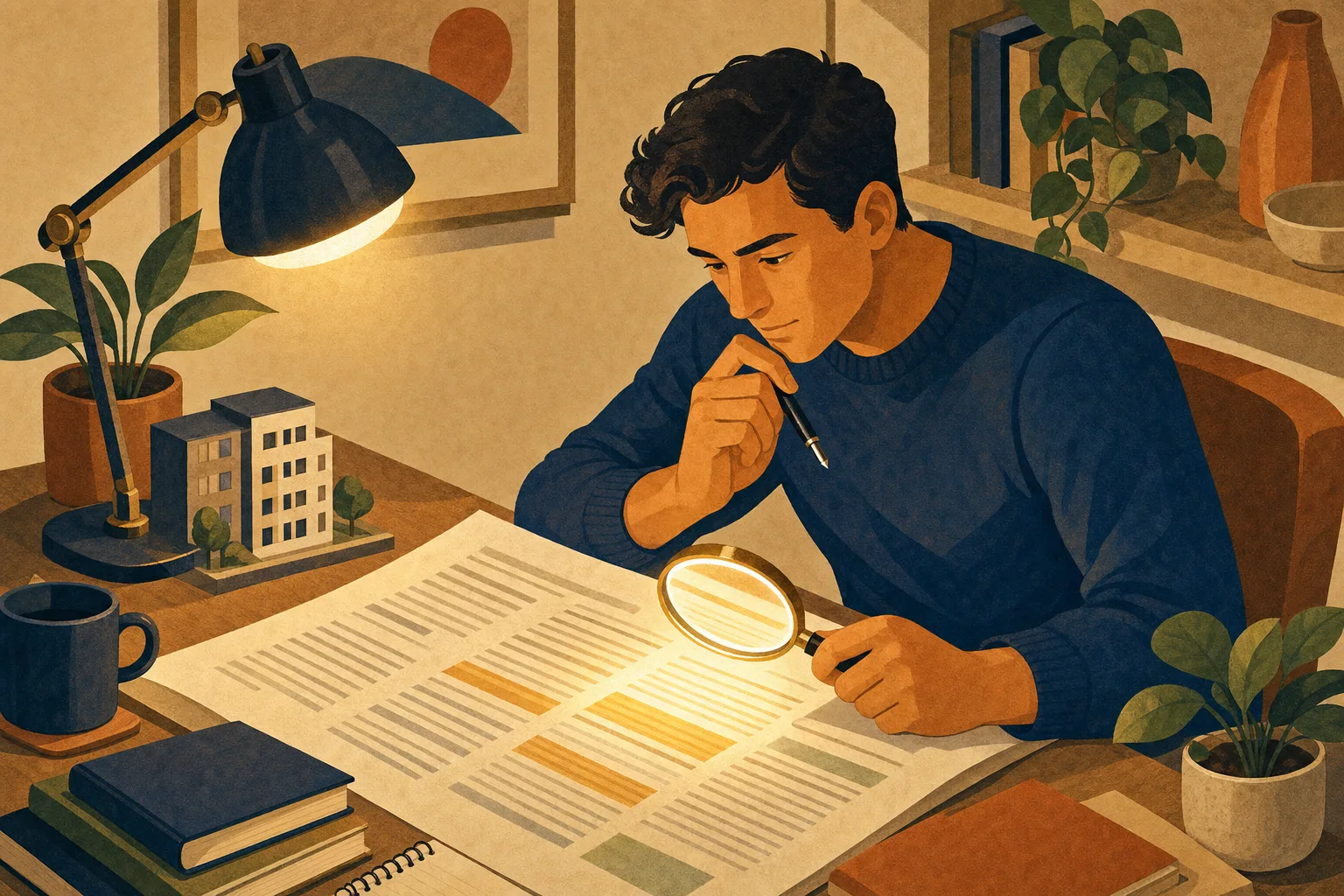 Renter reading a lease through a glowing magnifying glass at a desk