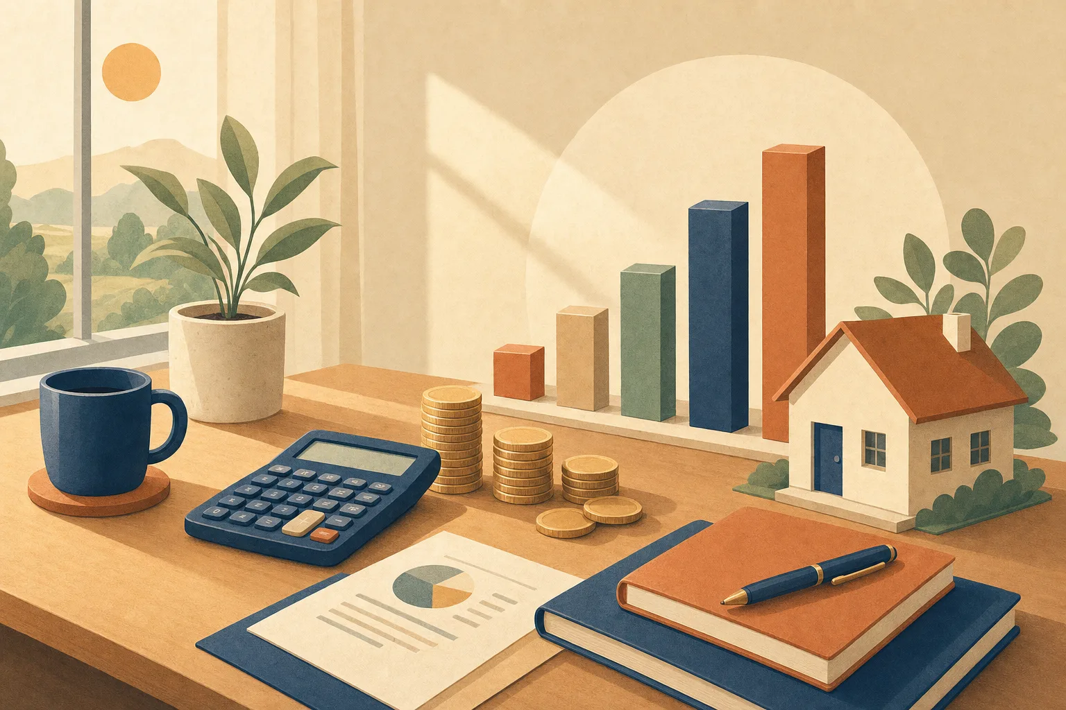 Illustrated desk with calculator, coins, house model, and rising bar chart