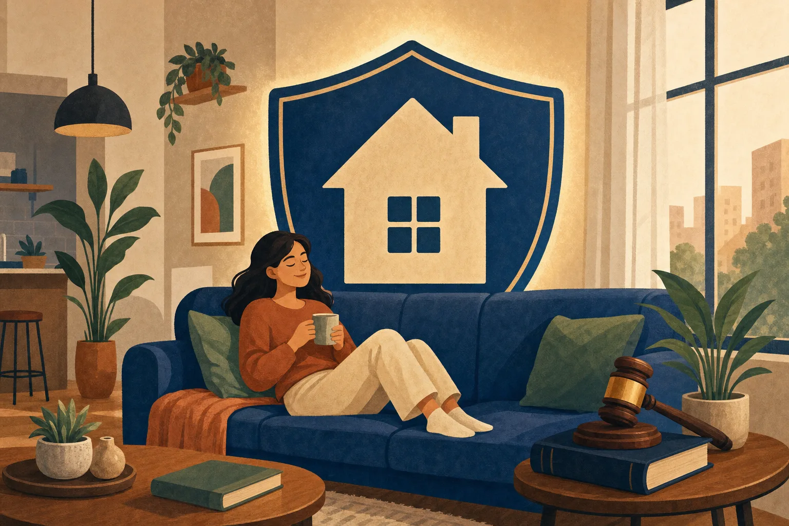 Illustrated apartment interior protected by a shield with a house silhouette