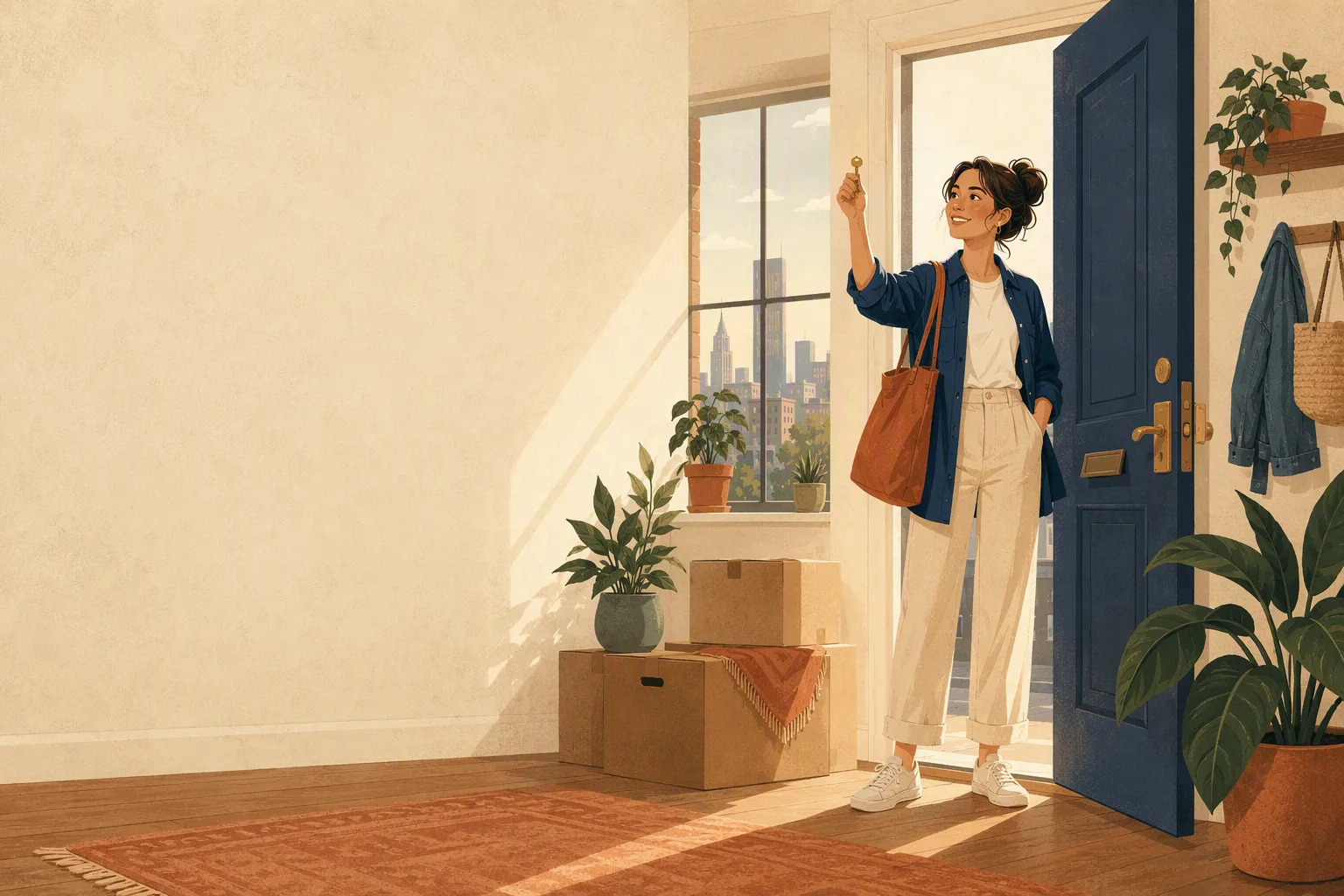 A hopeful renter at the open door of a sunlit new apartment, holding a key aloft beside moving boxes