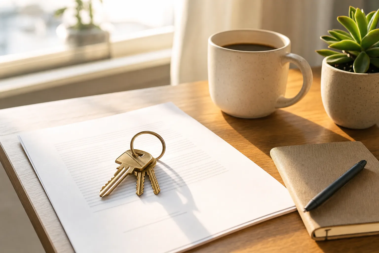 A clean renter's desk with lease documents, brass keys, and a notebook