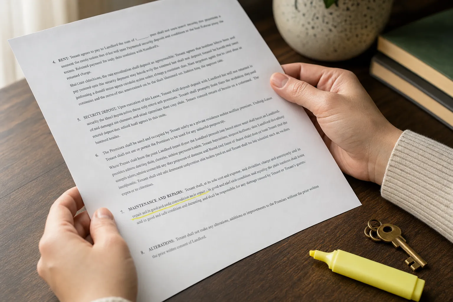 Illustrated set of renter rights reference documents and a balance scale