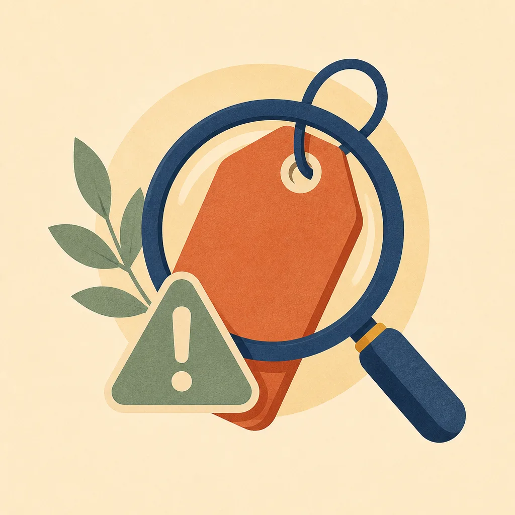 Flat icon of a magnifying glass over a price tag with an alert triangle