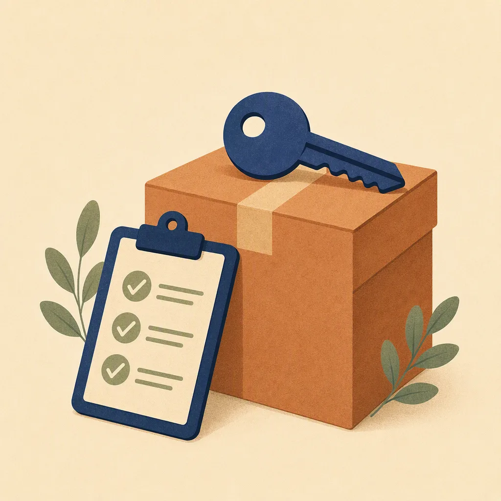 Flat icon of a moving box with checklist clipboard and key on top