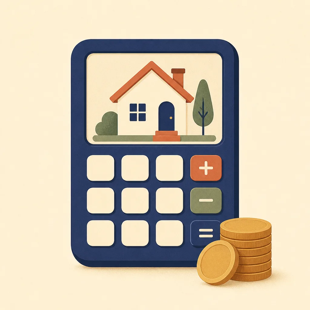 Flat icon of a calculator with a small house on its screen, coins beside it