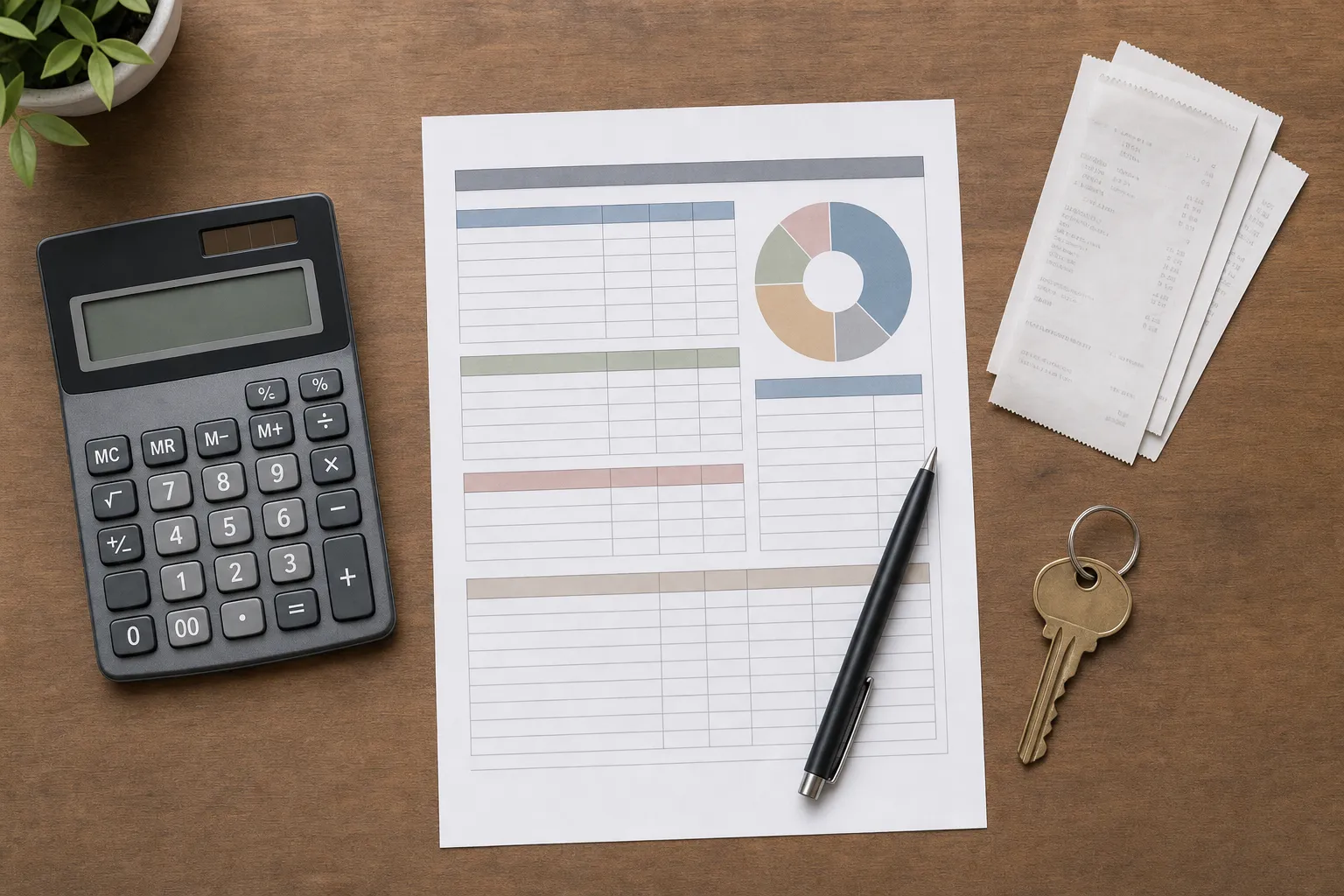 Illustrated set of renter tools: calculator, checklist, and measuring tape on a workbench